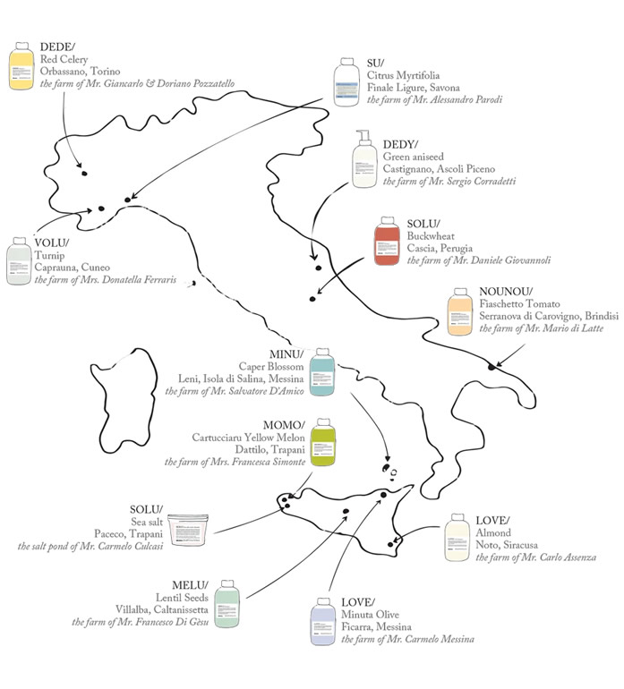 mapa Italia origen ingredientes ESSENTIAL de DAVINES